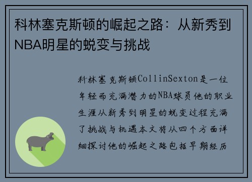 科林塞克斯顿的崛起之路：从新秀到NBA明星的蜕变与挑战